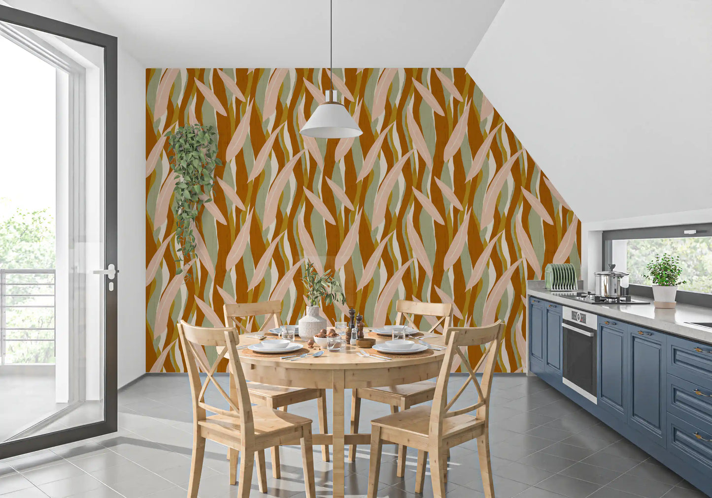 Terracotta Olive Leaf Stripe Wallpaper Boho Organic Wallpaper⁠