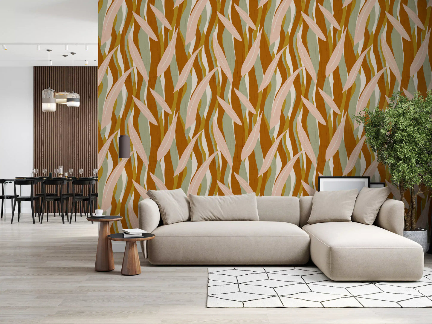 Terracotta Olive Leaf Stripe Wallpaper Boho Organic Wallpaper⁠