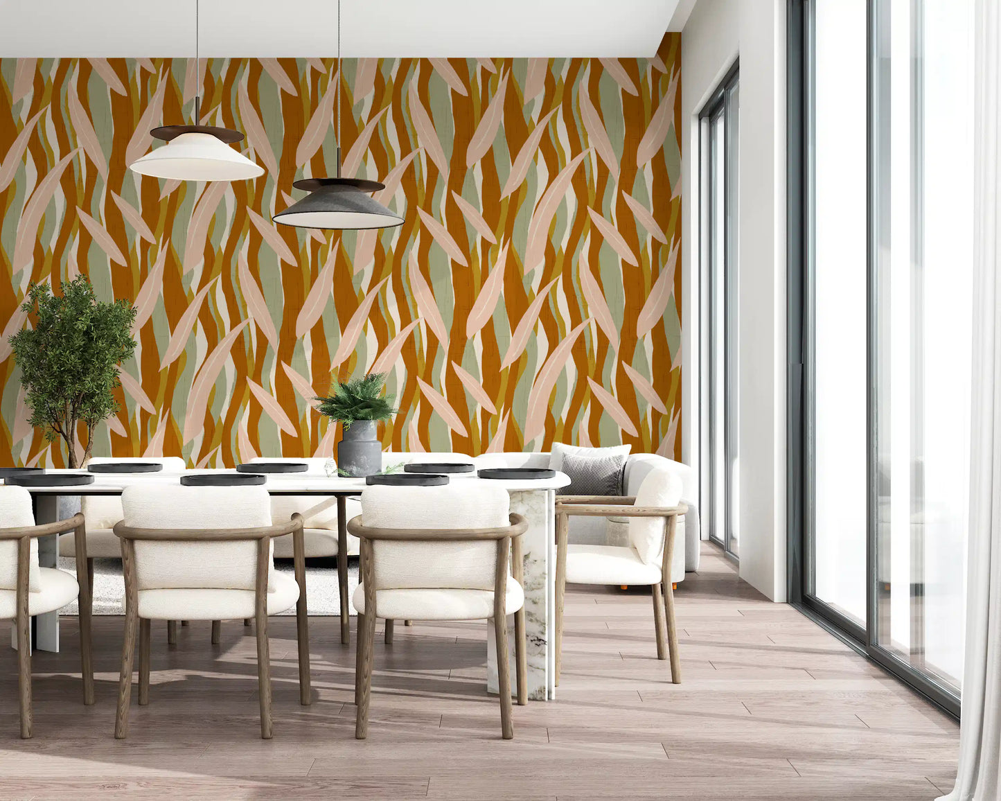 Terracotta Olive Leaf Stripe Wallpaper Boho Organic Wallpaper⁠