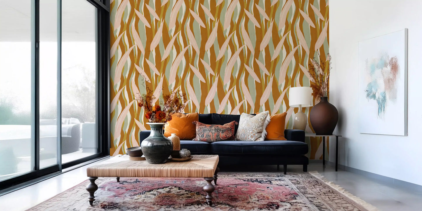 Terracotta Olive Leaf Stripe Wallpaper Boho Organic Wallpaper⁠