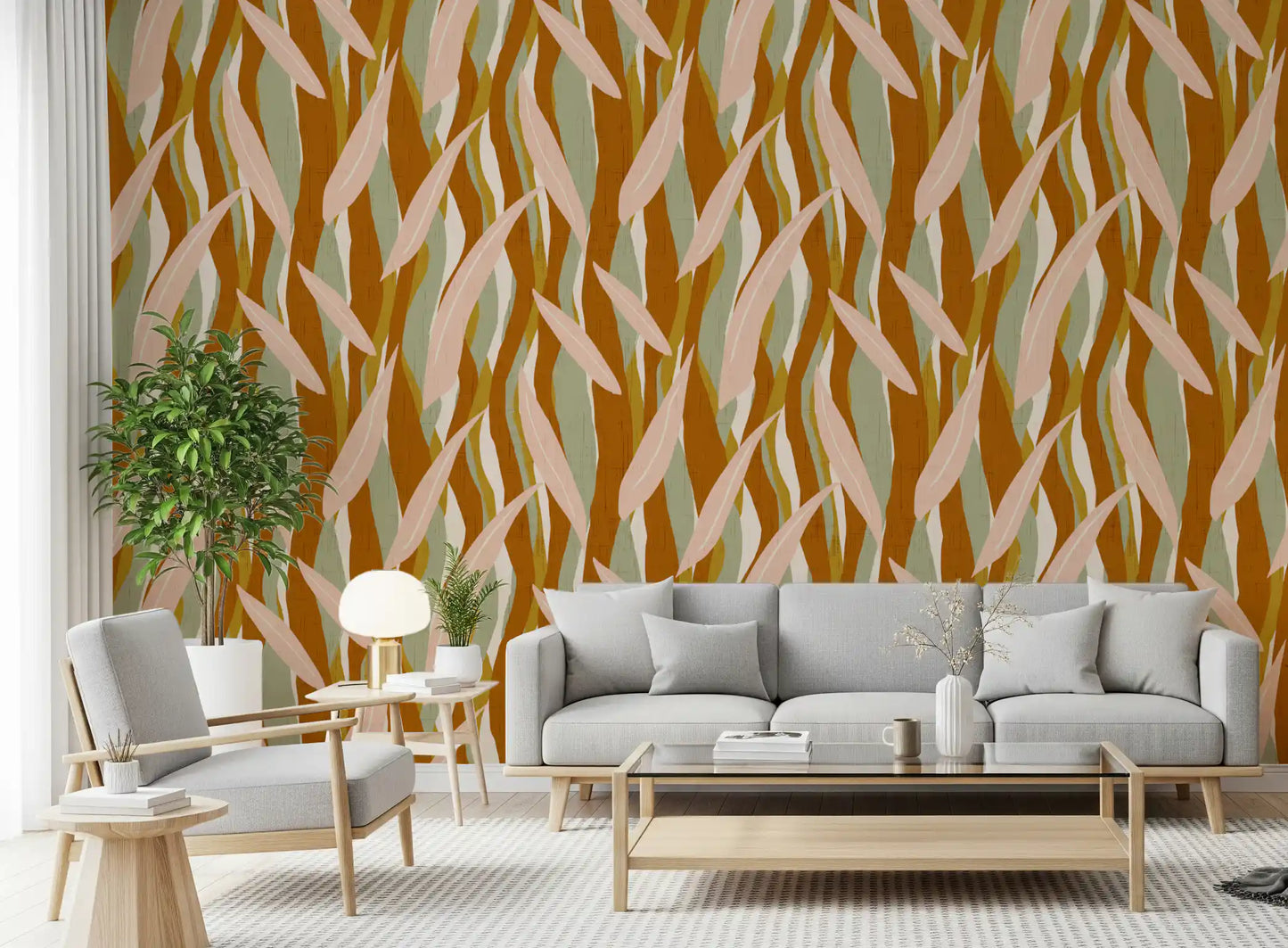 Terracotta Olive Leaf Stripe Wallpaper Boho Organic Wallpaper⁠