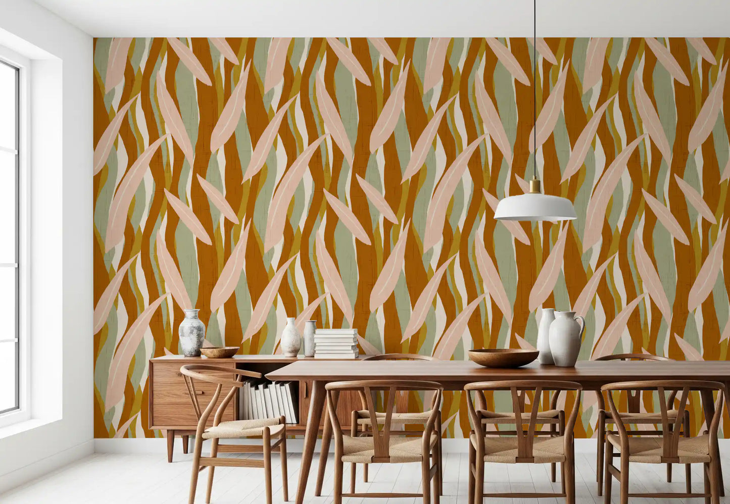 Terracotta Olive Leaf Stripe Wallpaper Boho Organic Wallpaper⁠