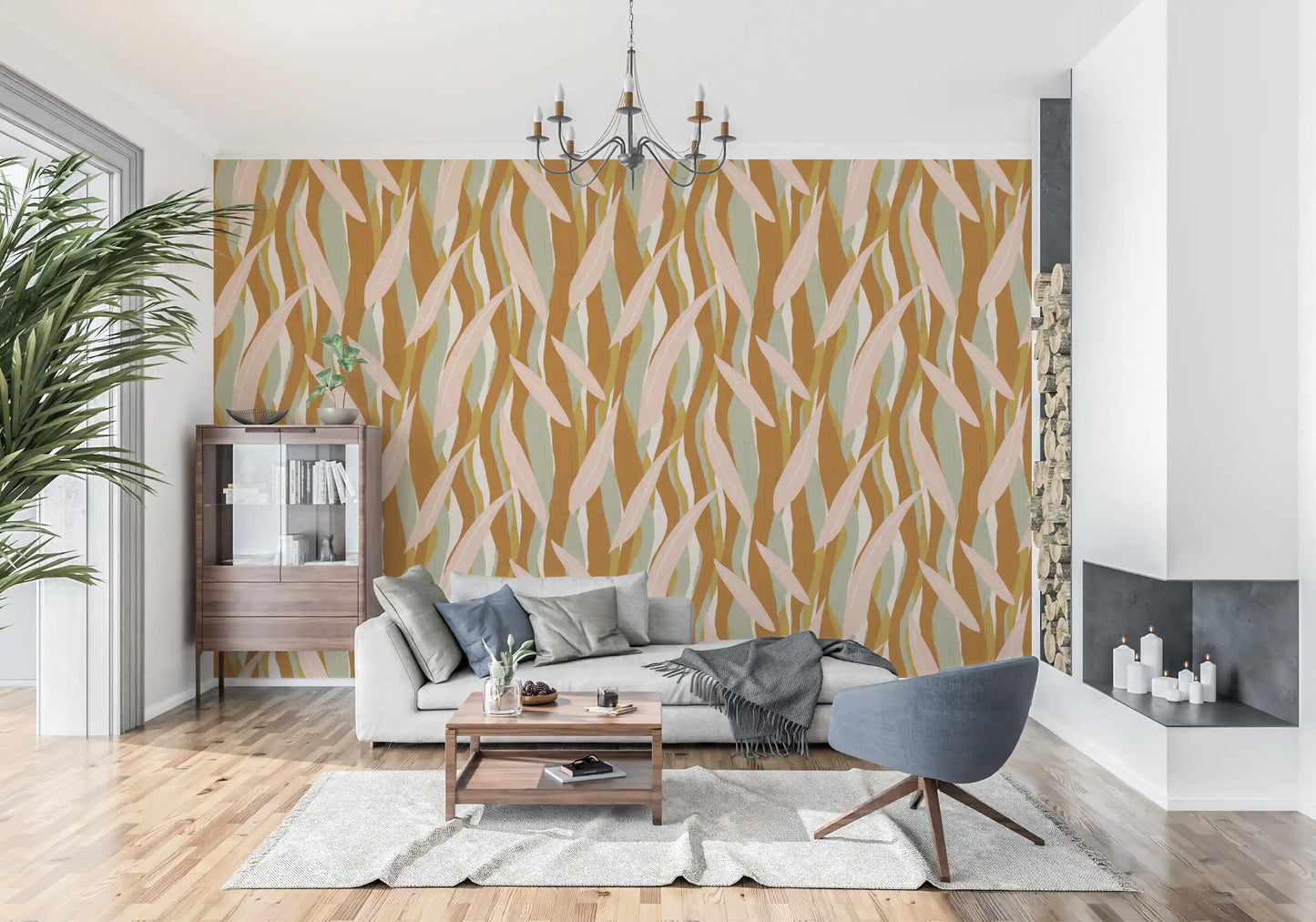Terracotta Olive Leaf Stripe Wallpaper Boho Organic Wallpaper⁠