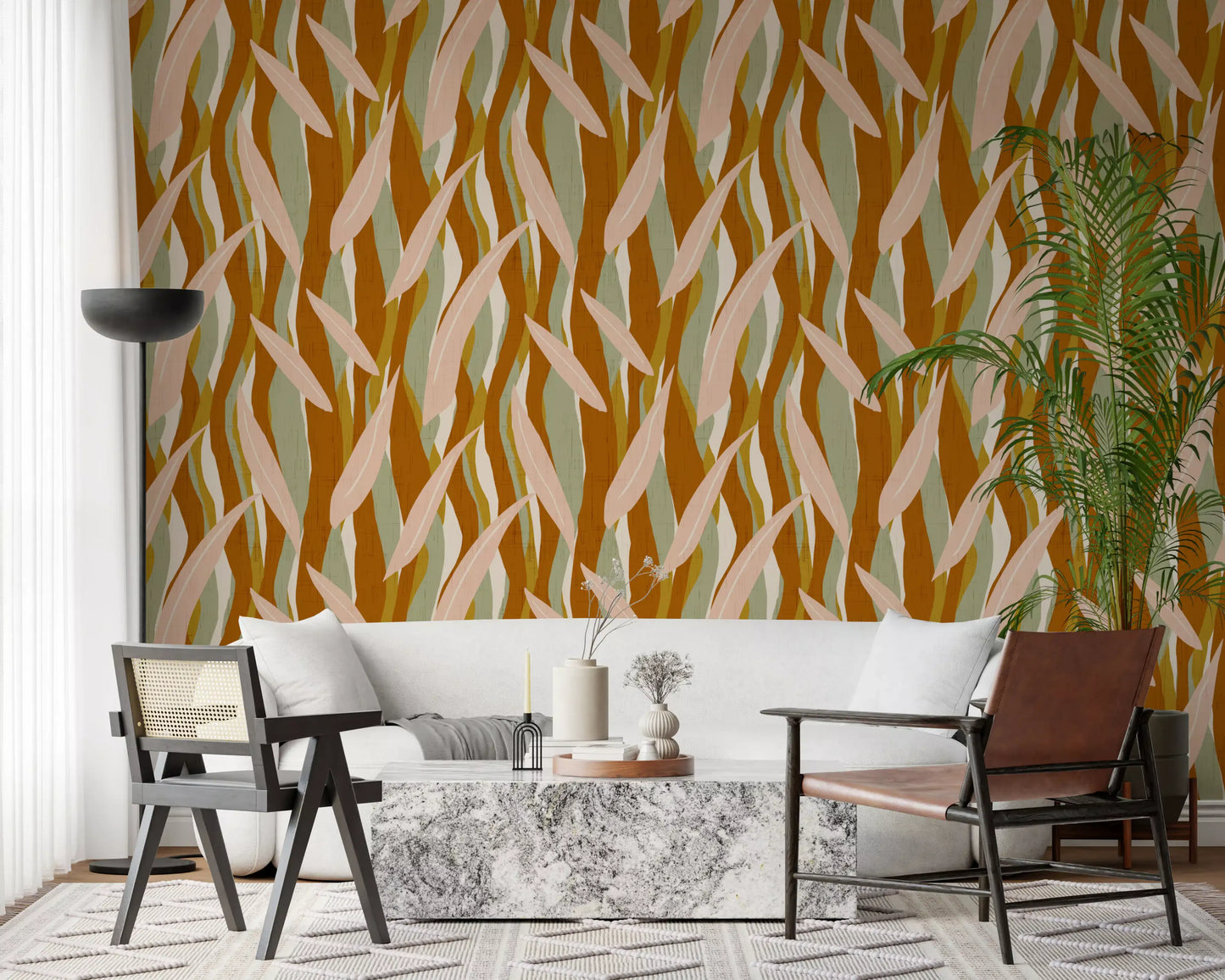 Terracotta Olive Leaf Stripe Wallpaper Boho Organic Wallpaper⁠