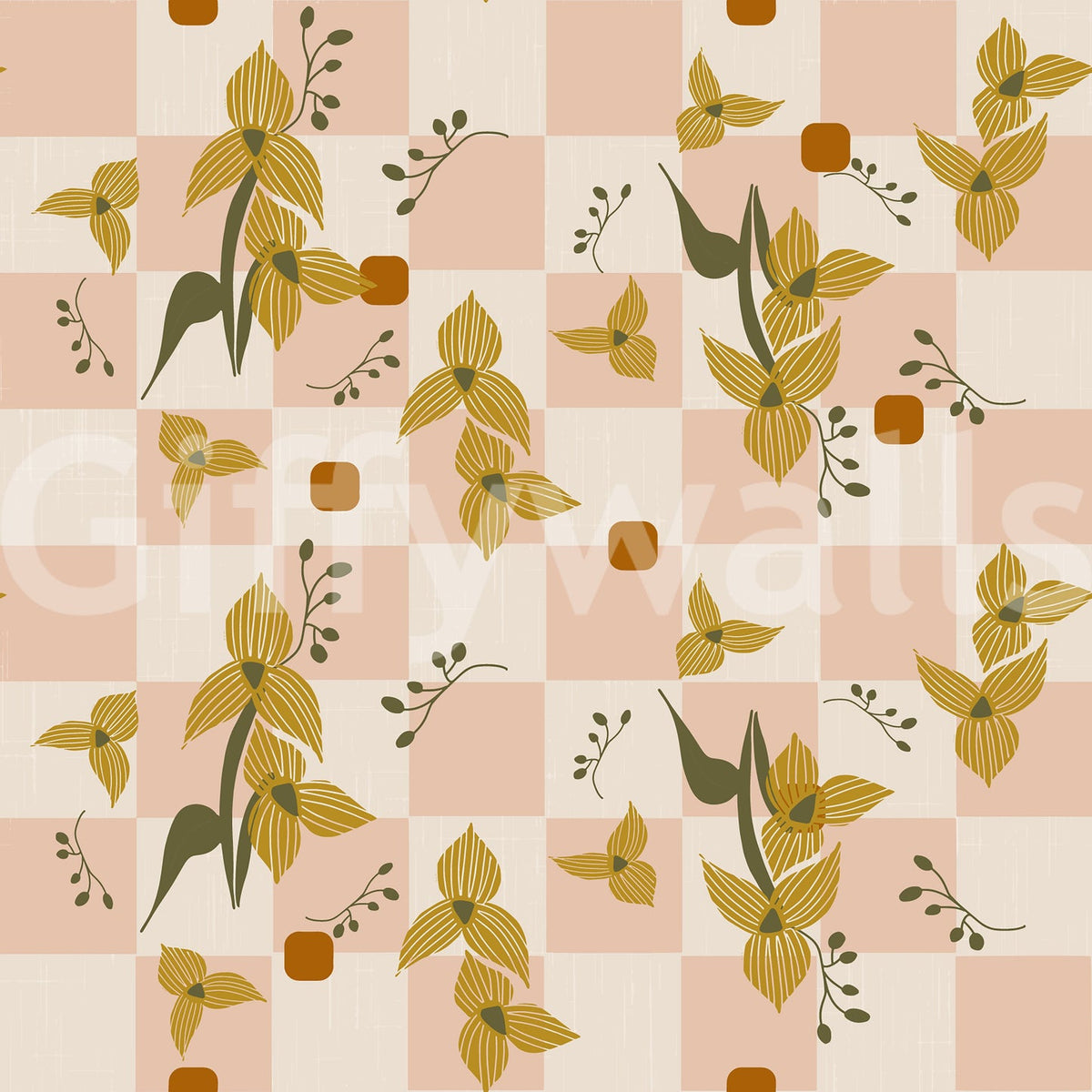 Pink Checker Floral Wallpaper Retro Boho Wallpaper⁠