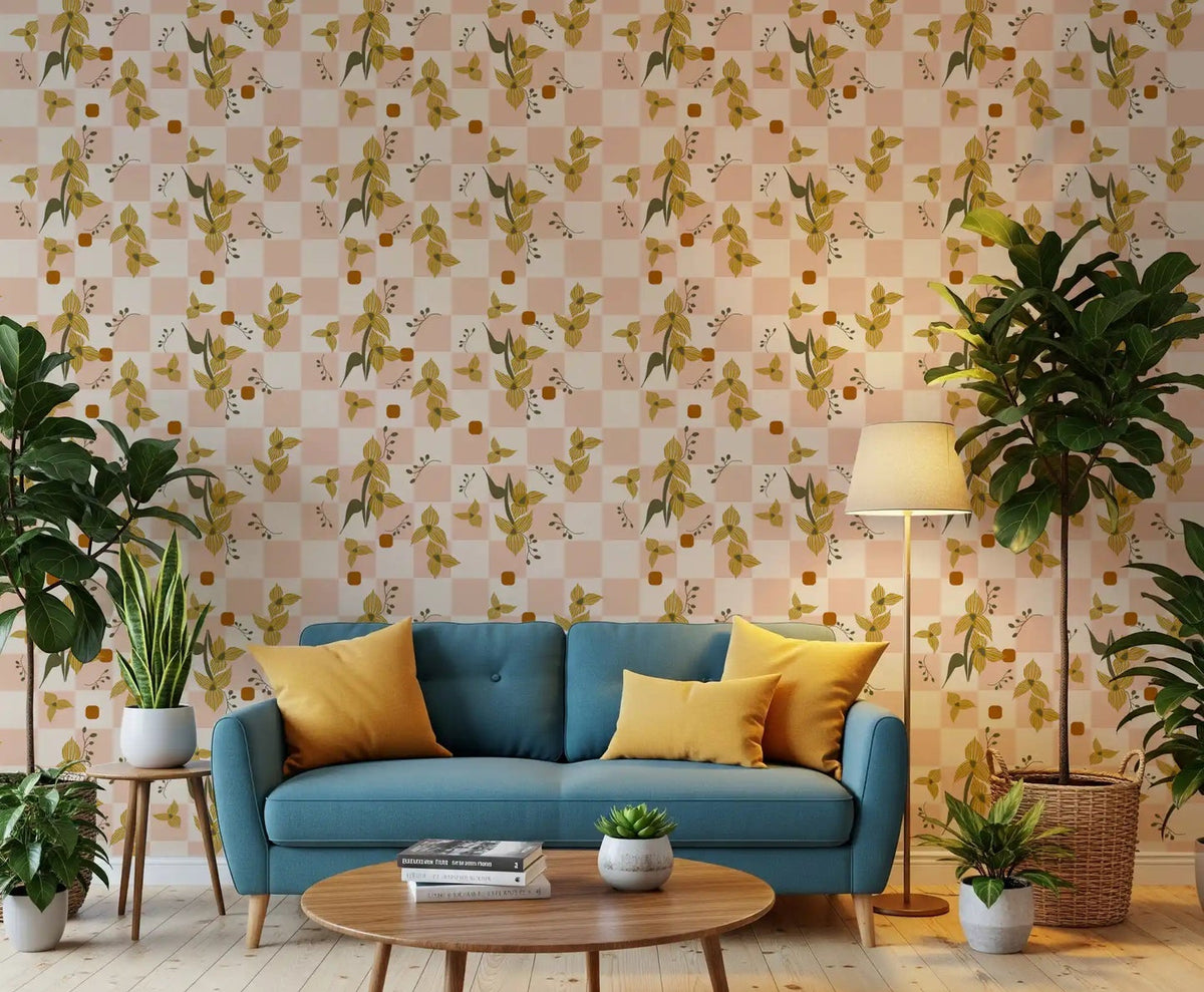 Hallway accent wall dressed in retro boho check floral wallpaper with olive leaves., GD10041
