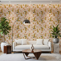 Pink Checker Floral Wallpaper with retro boho character in living room.