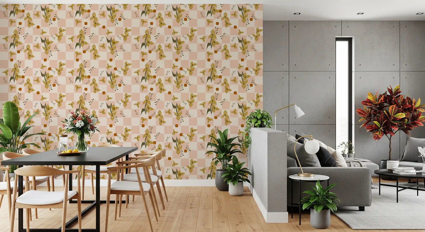 Dining area wall decorated with retro boho floral pattern on soft pink check wallpaper.