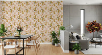 Dining area wall decorated with retro boho floral pattern on soft pink check wallpaper.