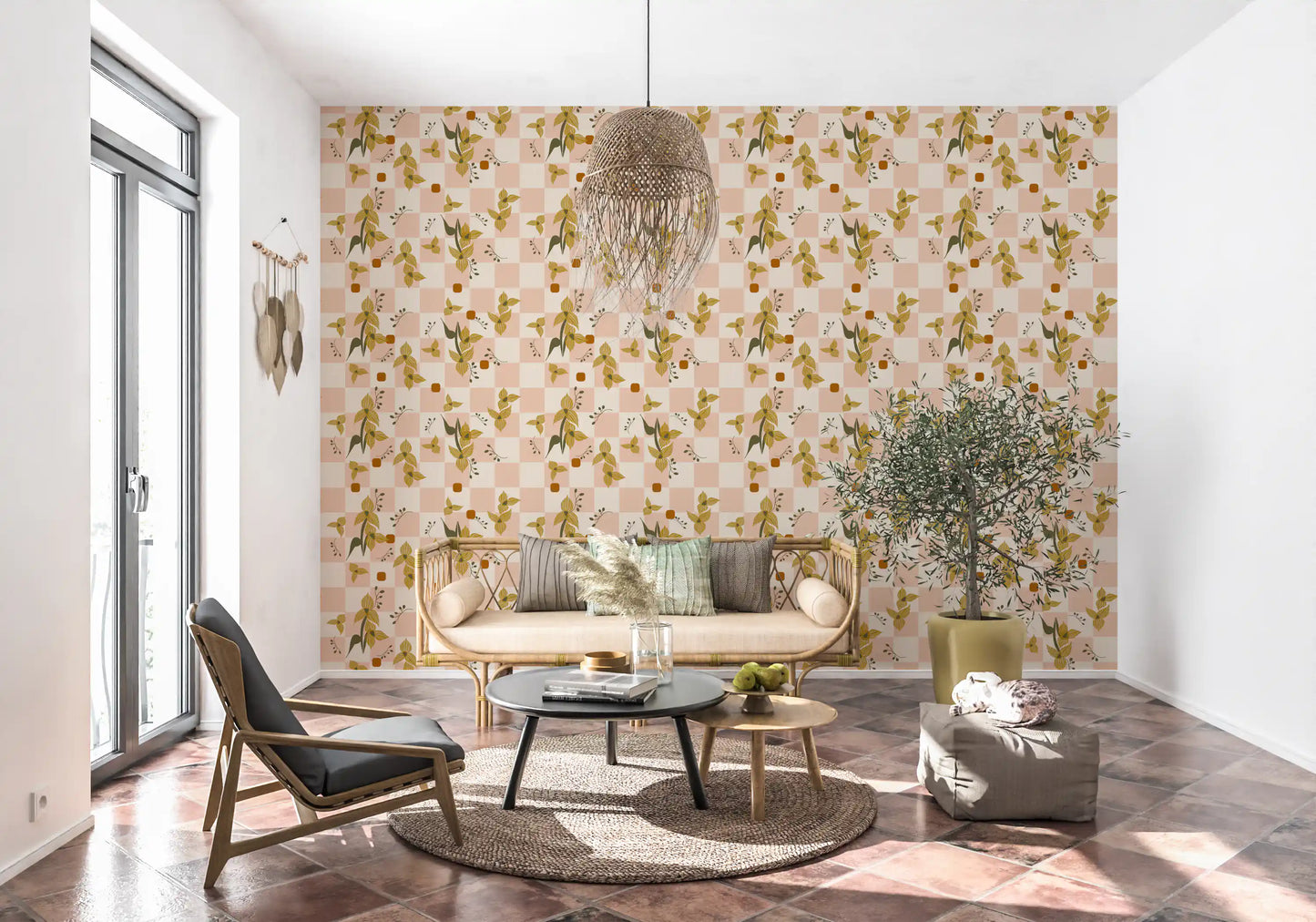 Entryway interior styled with vintage floral check wallpaper in pink and ochre tone.