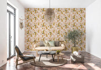 Entryway interior styled with vintage floral check wallpaper in pink and ochre tone.