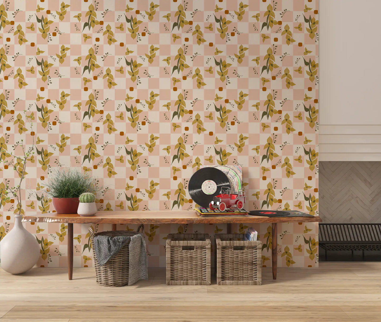 Retro boho floral wallpaper in pink check base with ochre tulip and orchid motifs.