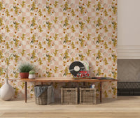 Retro boho floral wallpaper in pink check base with ochre tulip and orchid motifs.