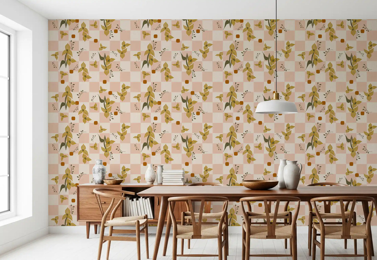 Pink Checker Floral Wallpaper with mustard florals, olive leaves, and terracotta accents.