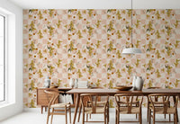 Pink Checker Floral Wallpaper with mustard florals, olive leaves, and terracotta accents.