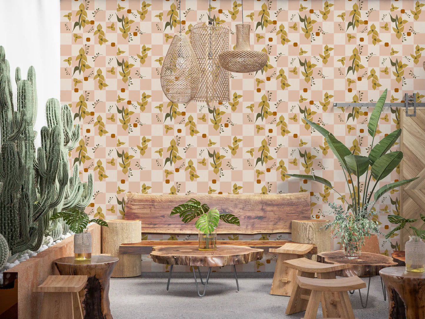 Botanical wallpaper with mustard yellow florals, olive berry sprigs, and rust squares.