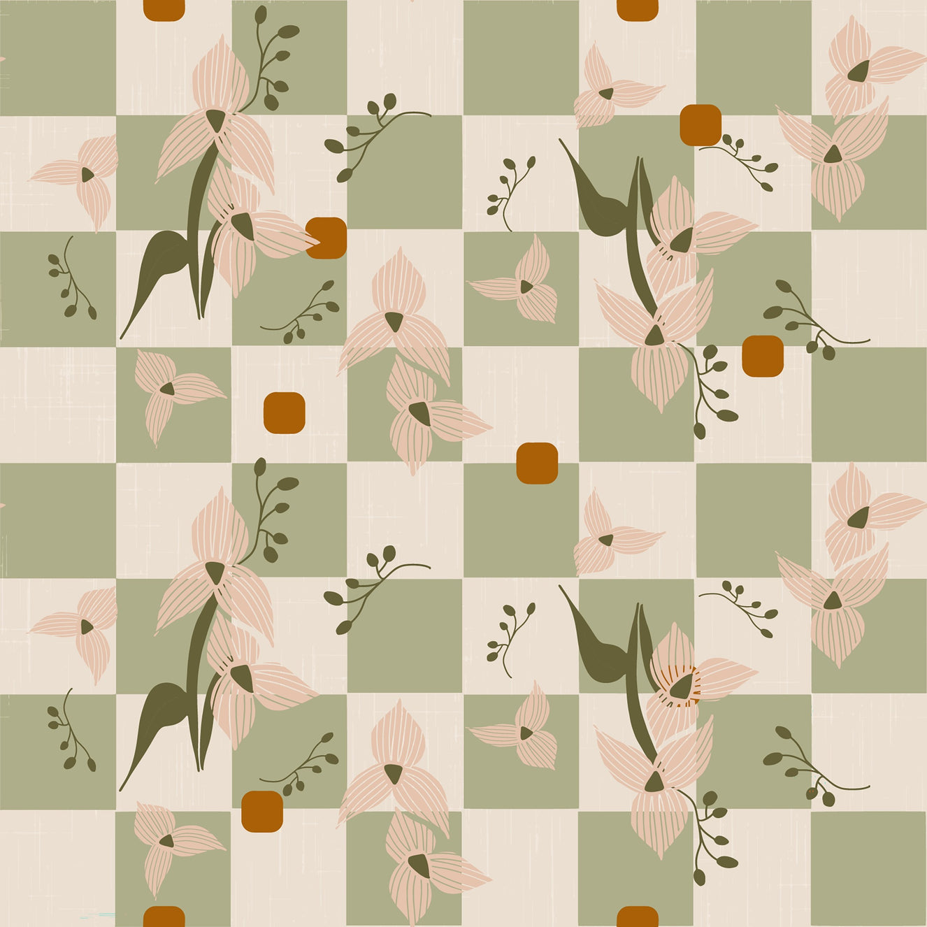 Sage Checker Floral Wallpaper Retro Boho Wallpaper⁠