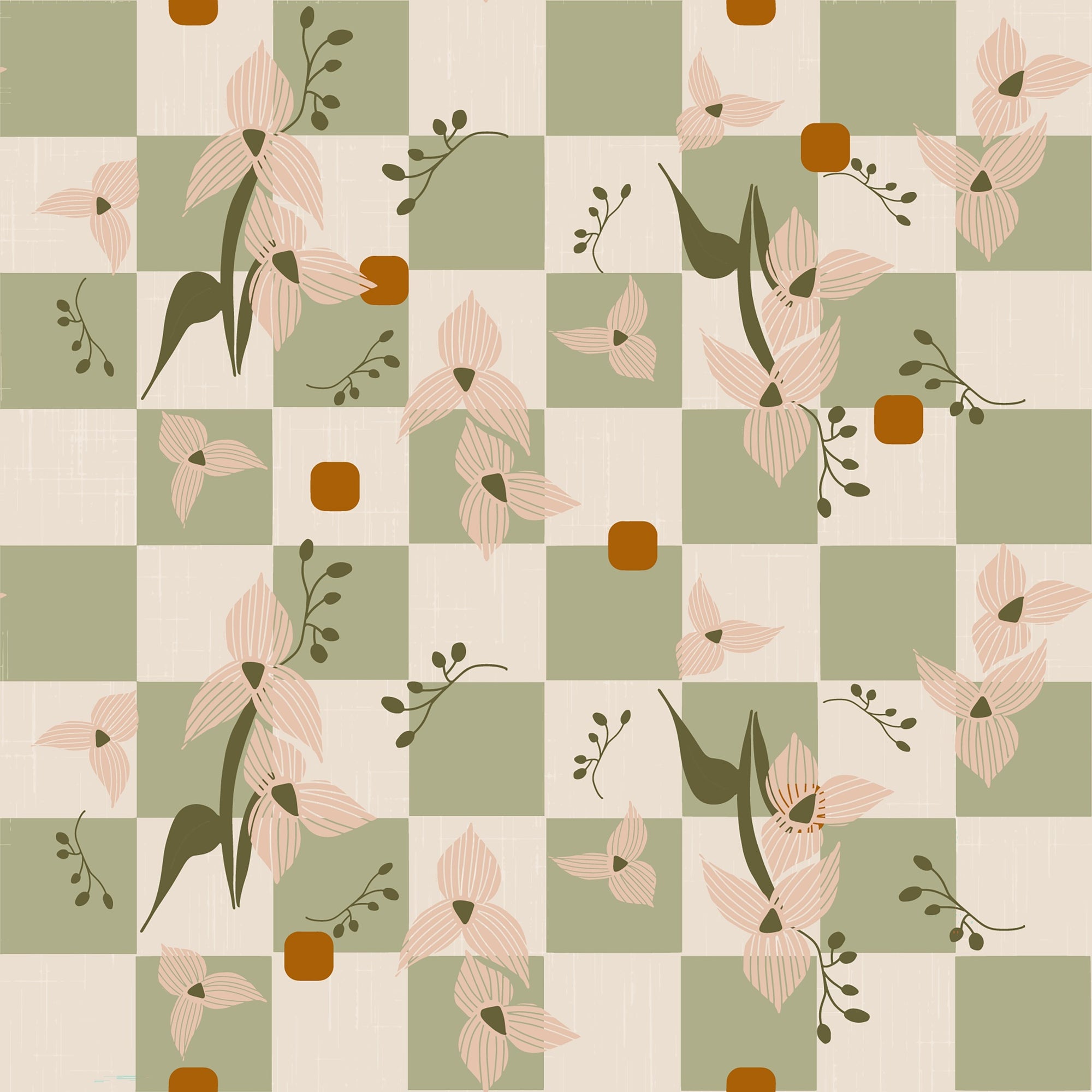 Sage Checker Floral Wallpaper Retro Boho Wallpaper⁠