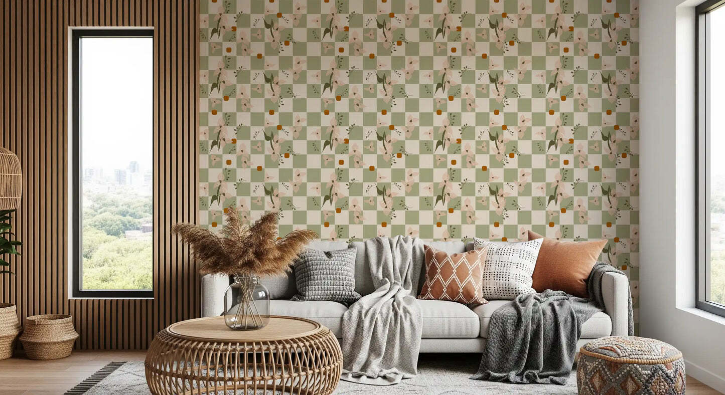 Sage Checker Floral Wallpaper Retro Boho Wallpaper⁠