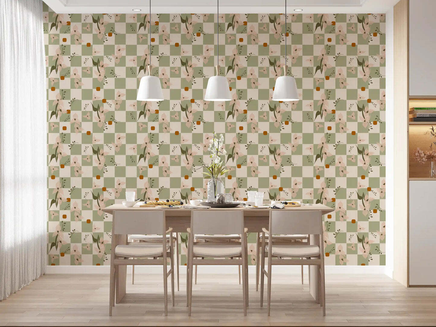 Sage Checker Floral Wallpaper Retro Boho Wallpaper⁠