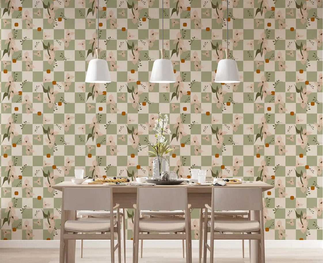 Dining nook with retro boho orchid and checker pattern wallpaper., GD10042