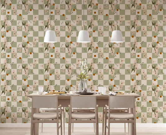 Dining nook with retro boho orchid and checker pattern wallpaper.