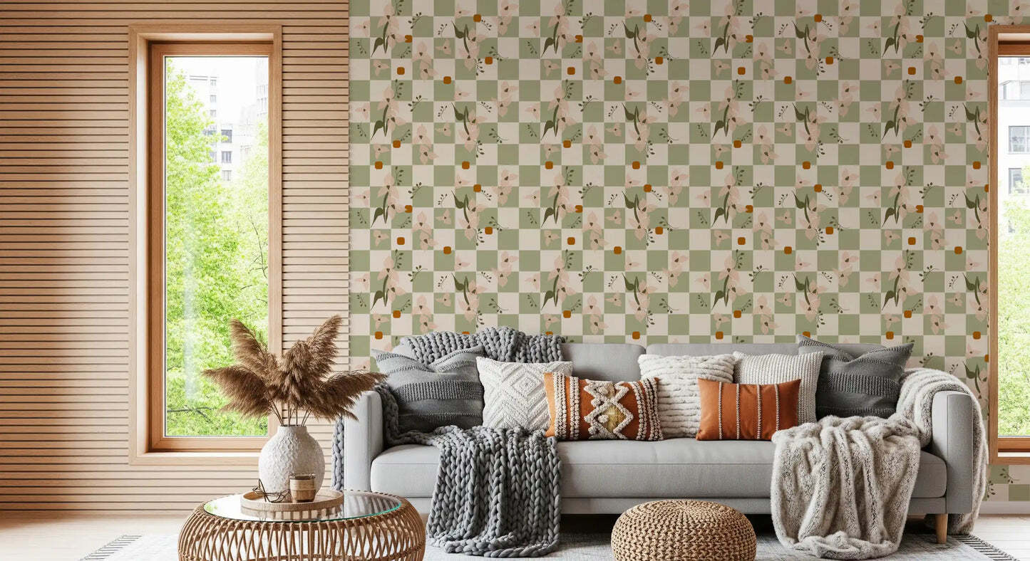 Sage Checker Floral Wallpaper Retro Boho Wallpaper⁠