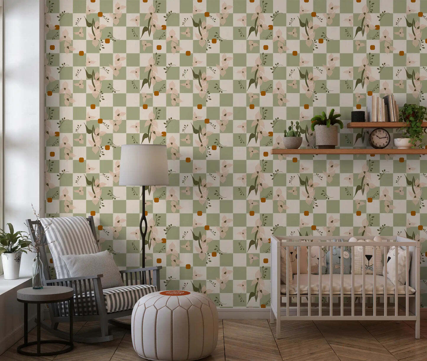 Sage Checker Floral Wallpaper Retro Boho Wallpaper⁠