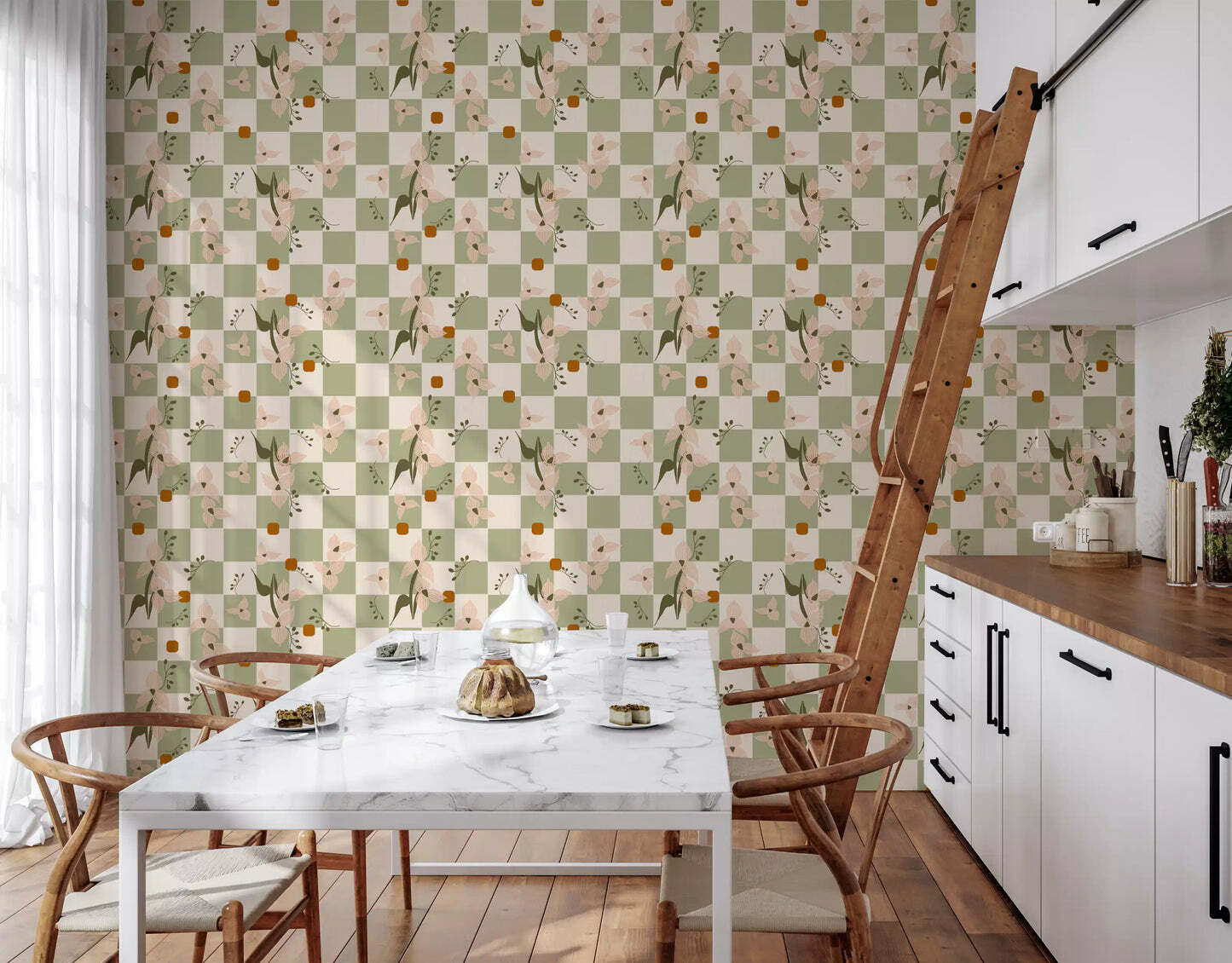 Sage Checker Floral Wallpaper Retro Boho Wallpaper⁠