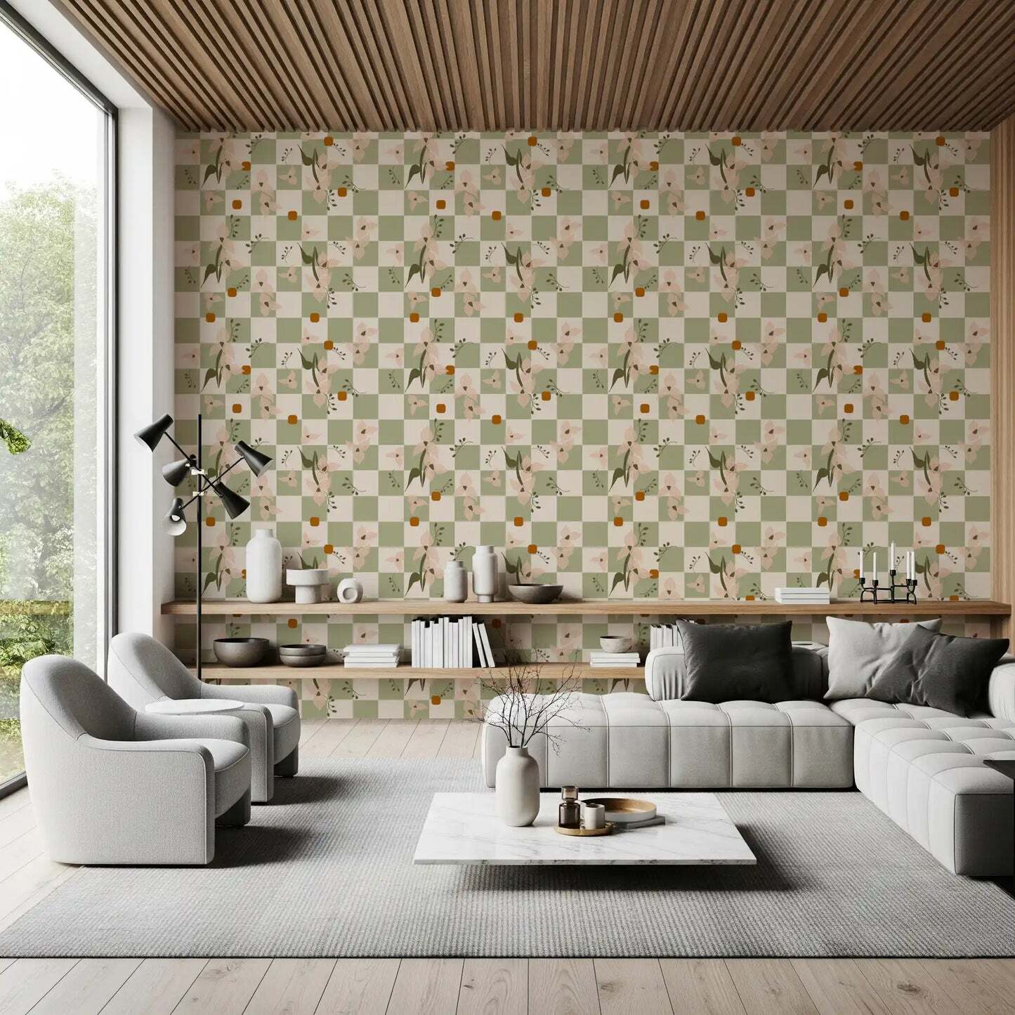 Sage Checker Floral Wallpaper Retro Boho Wallpaper⁠