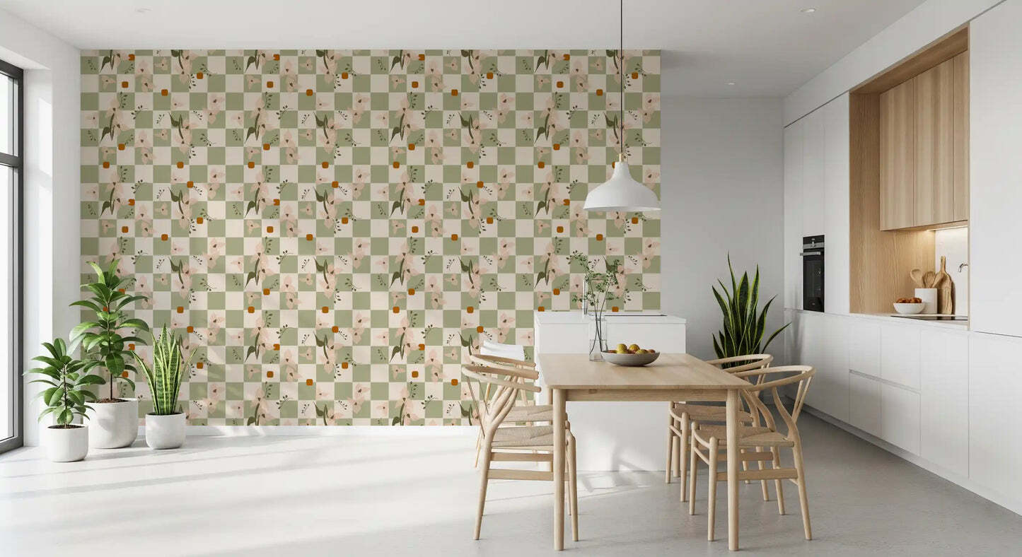 Sage Checker Floral Wallpaper Retro Boho Wallpaper⁠