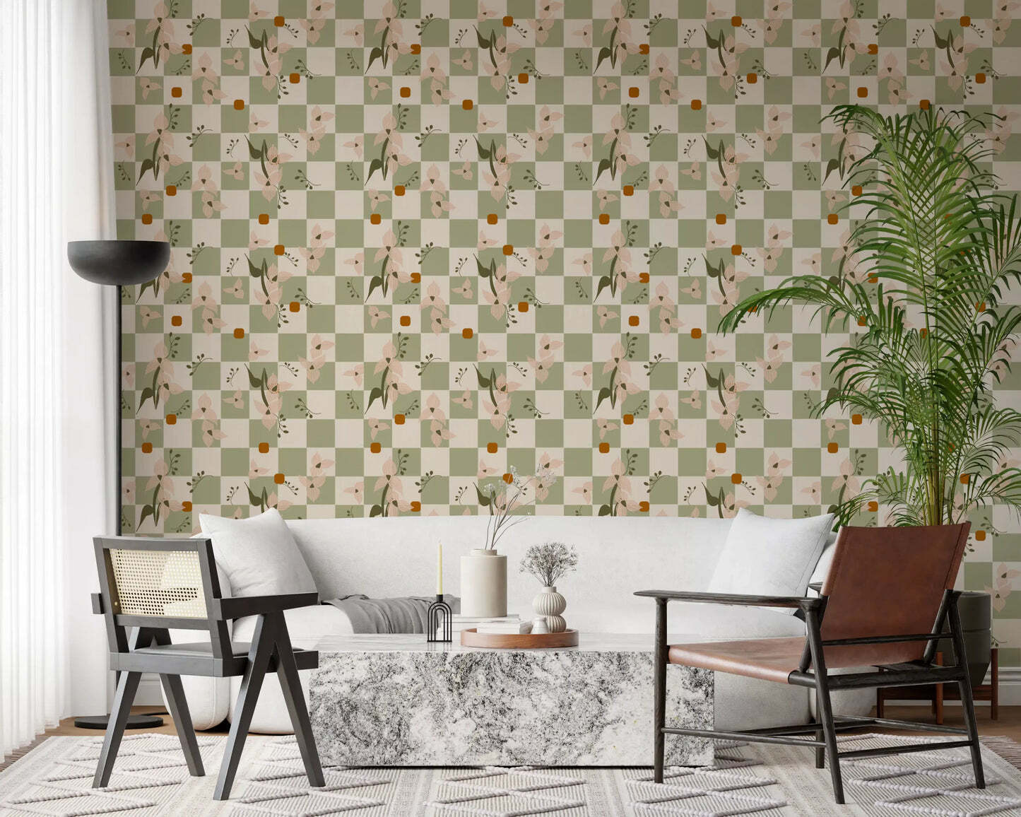 Sage Checker Floral Wallpaper Retro Boho Wallpaper⁠