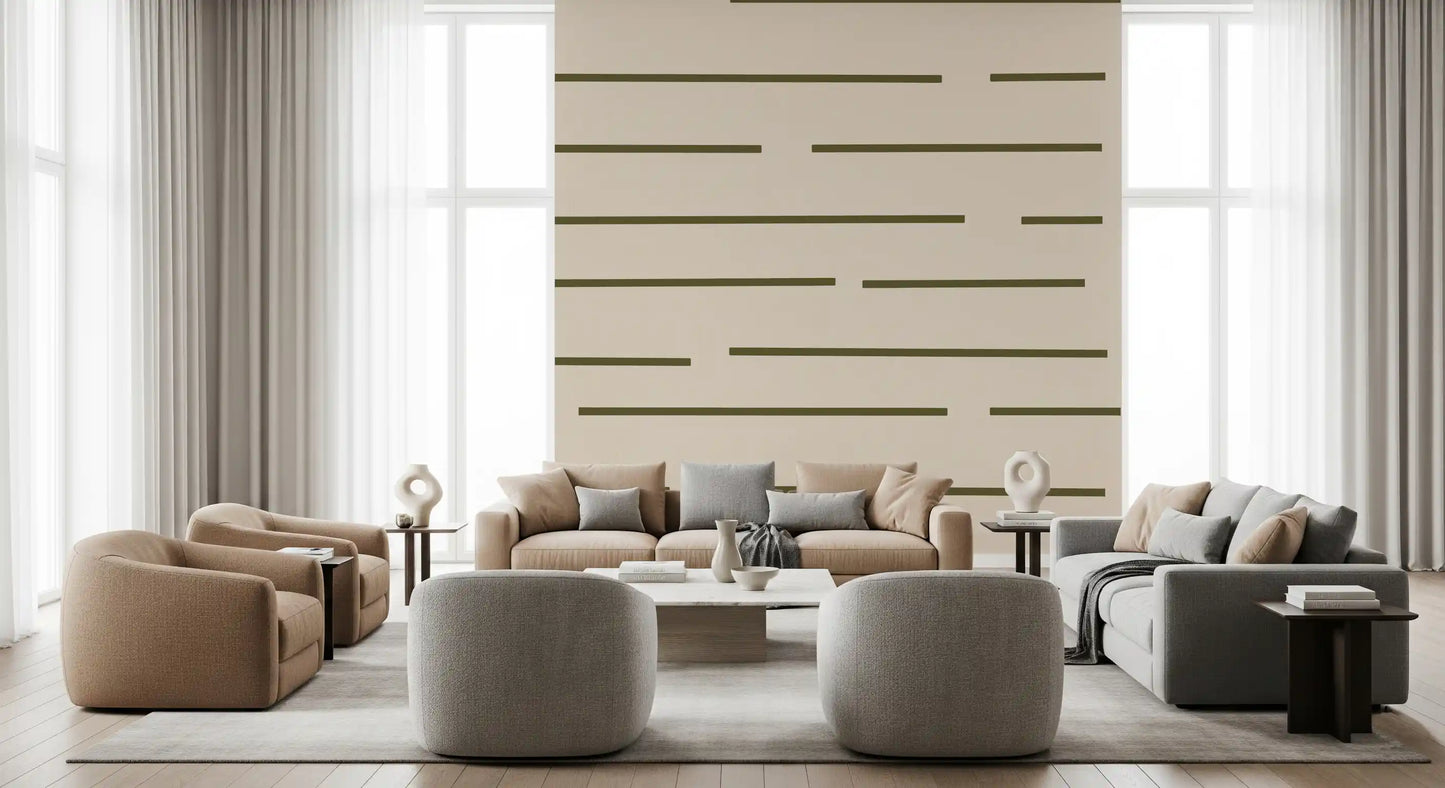 Olive green and beige striped wallpaper with a calm uncluttered minimal look.