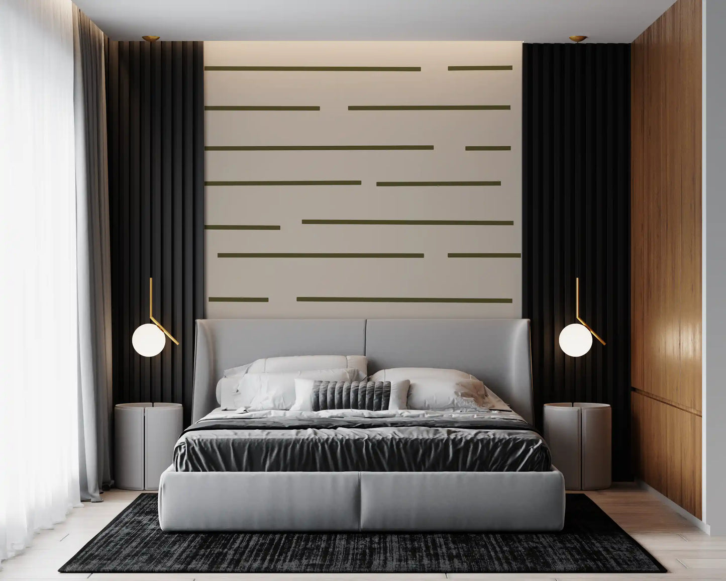 Scandinavian minimal striped wallpaper in dark olive green and soft beige tones.