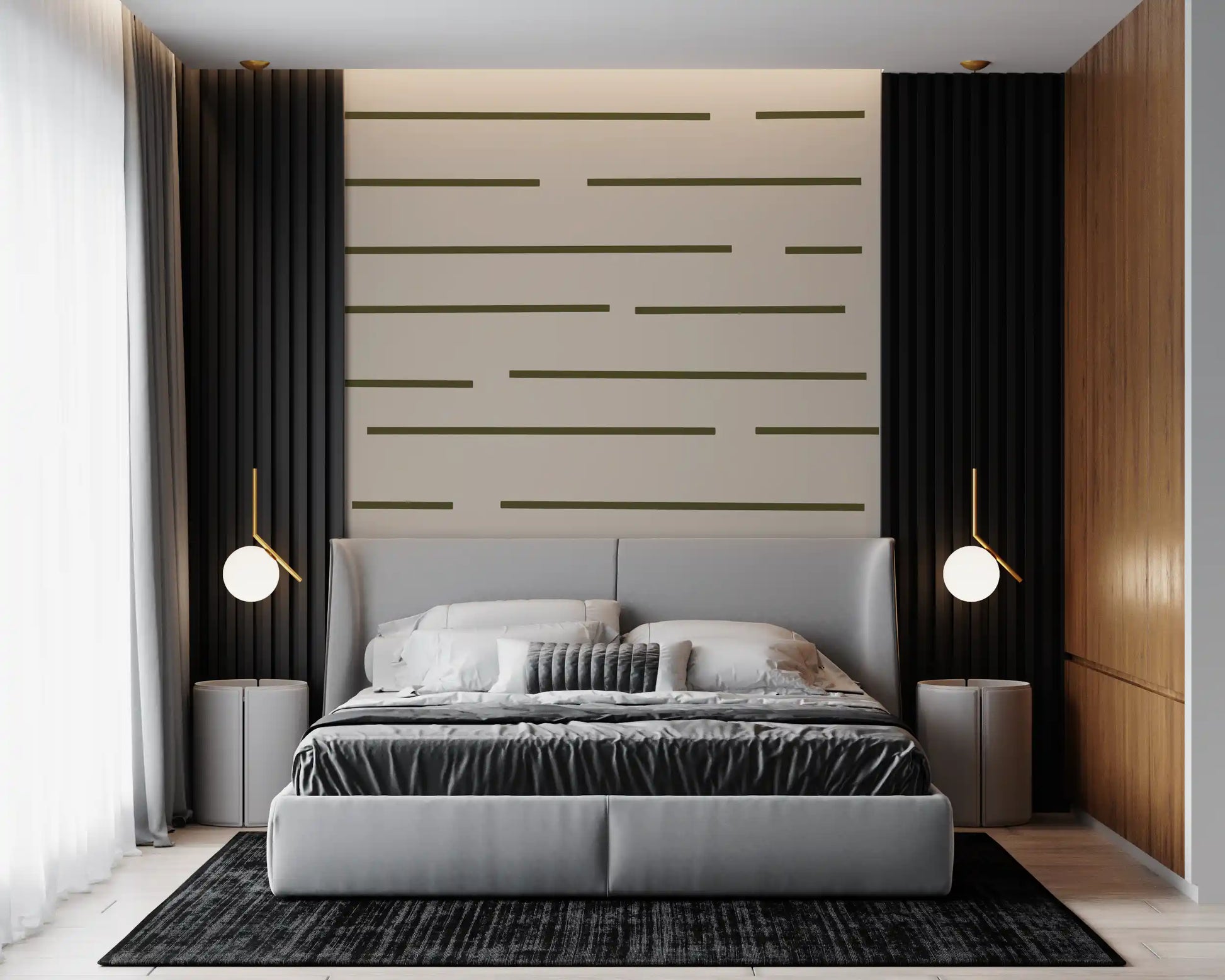 Scandinavian minimal striped wallpaper in dark olive green and soft beige tones.