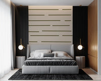 Scandinavian minimal striped wallpaper in dark olive green and soft beige tones.