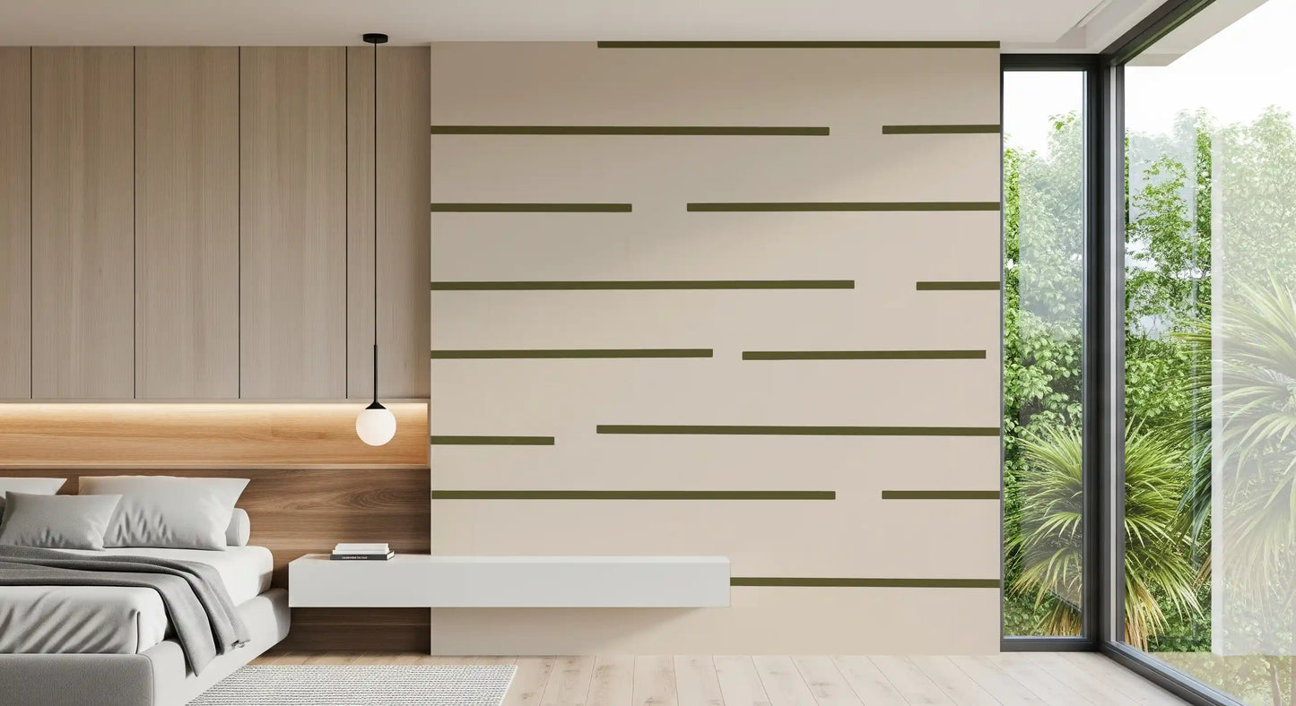 Horizontal broken-line wallpaper with olive green dashes in bright bedroom.