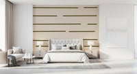 Olive green Scandinavian stripe wallpaper with horizontal dashes and a neutral colour palette.