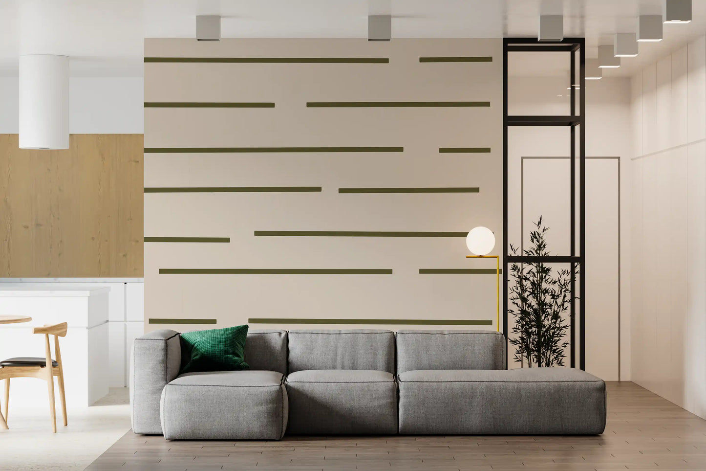 Dark olive green horizontal dash wallpaper with varied bar lengths on linen-style beige.