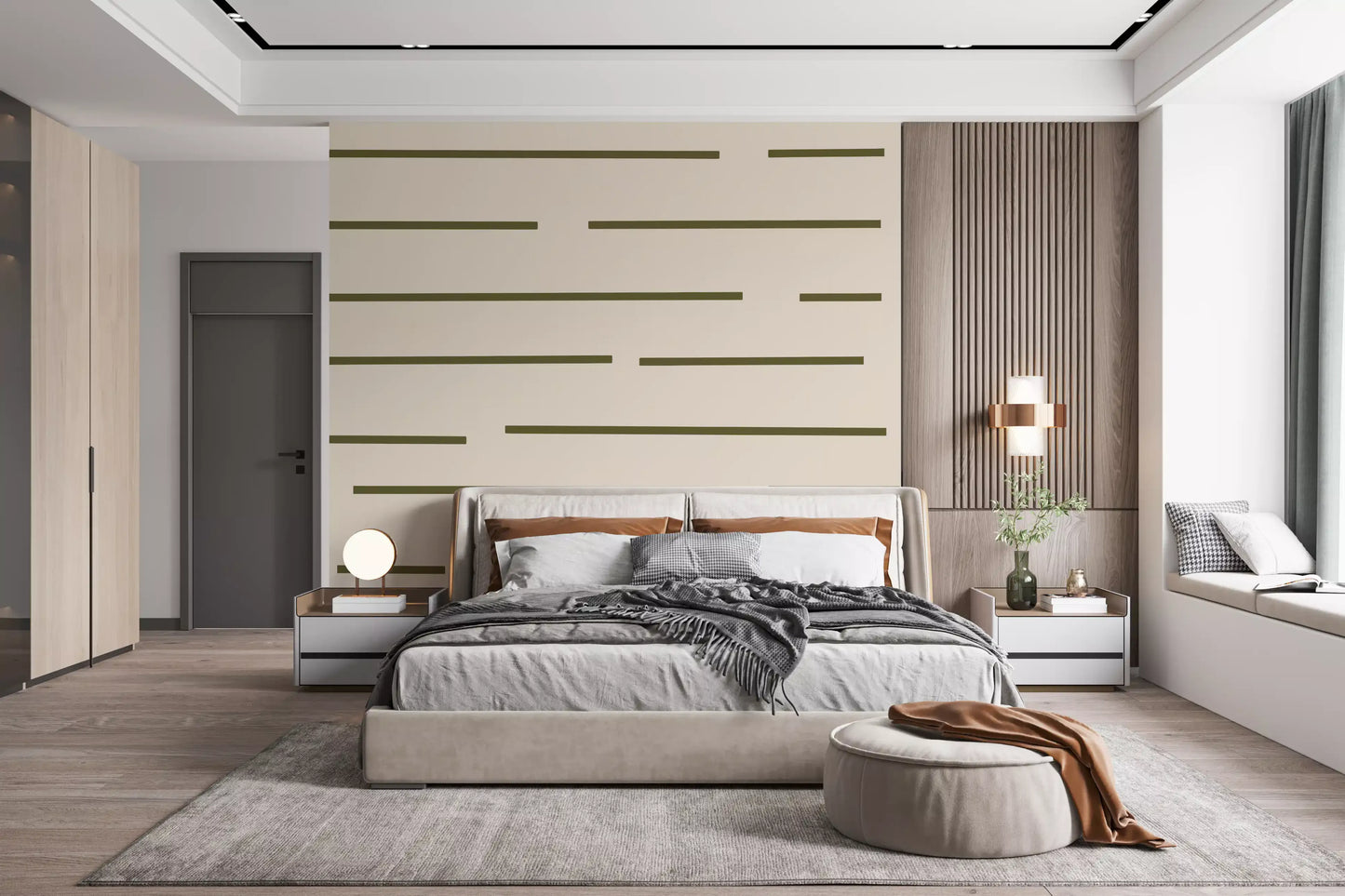Olive green stripe wallpaper with staggered horizontal bars on a warm beige backdrop.