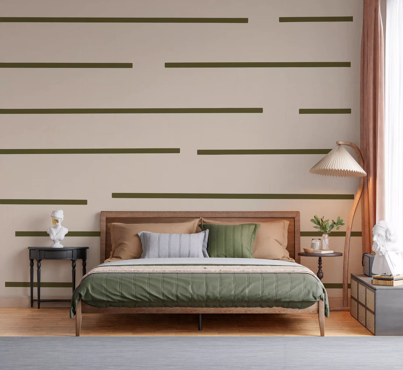 Scandinavian minimal stripe wallpaper in olive green for a bedroom feature wall.