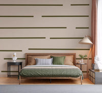 Scandinavian minimal stripe wallpaper in olive green for a bedroom feature wall.