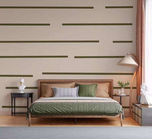 Scandinavian minimal stripe wallpaper in olive green for a bedroom feature wall.