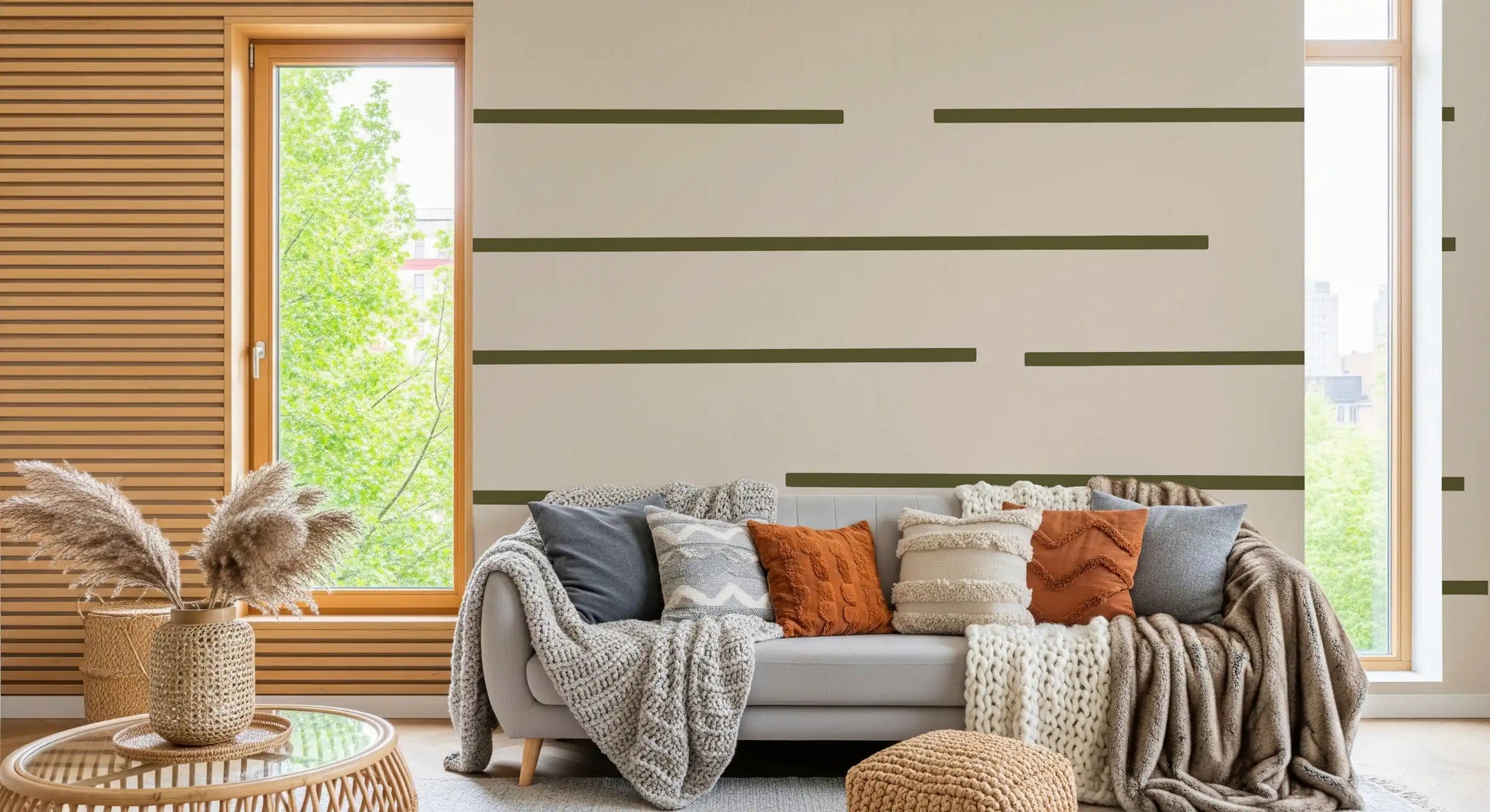Striped wallpaper in olive green and warm beige with a subtle linen-textured surface.