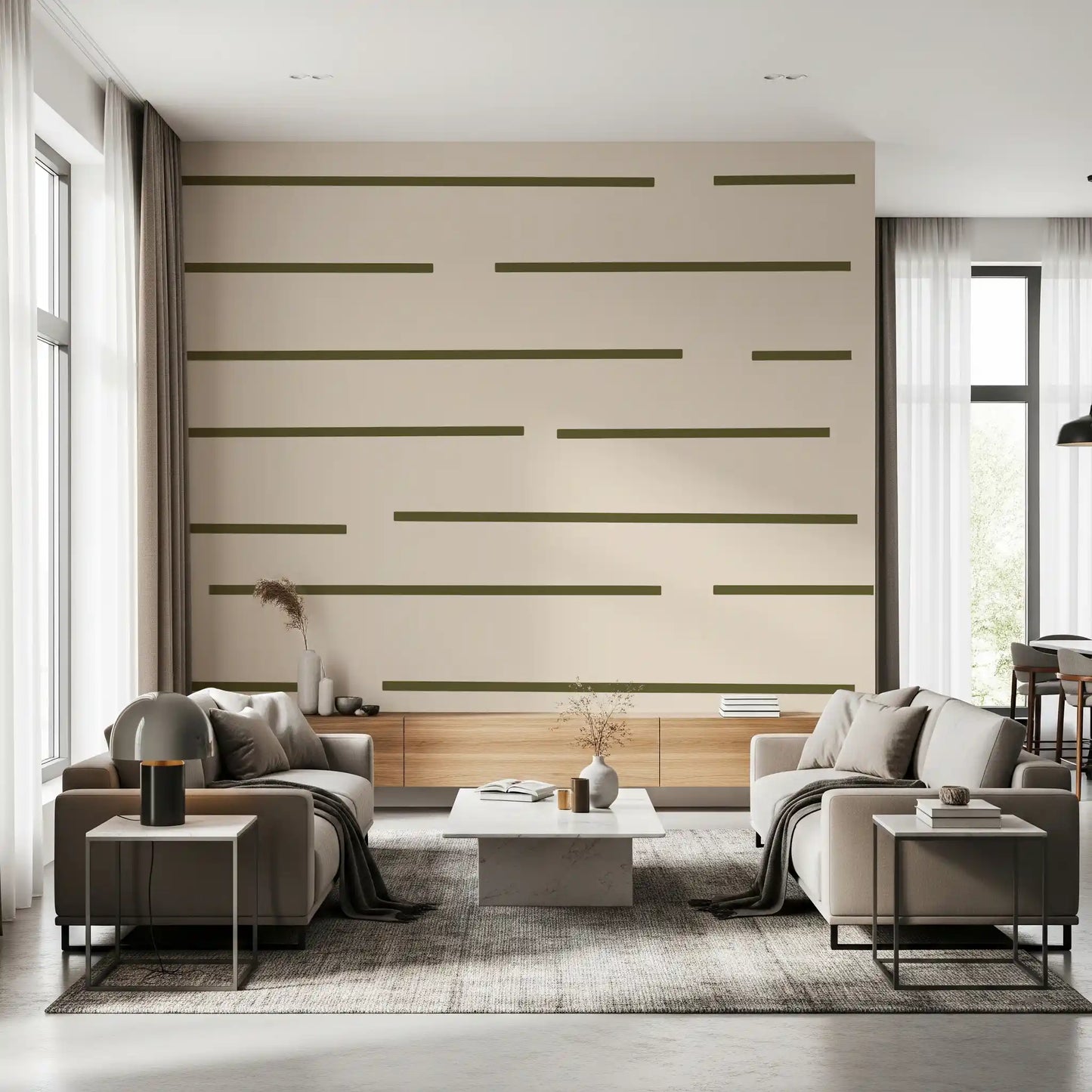 Olive green broken stripe wallpaper with staggered rows in living room.