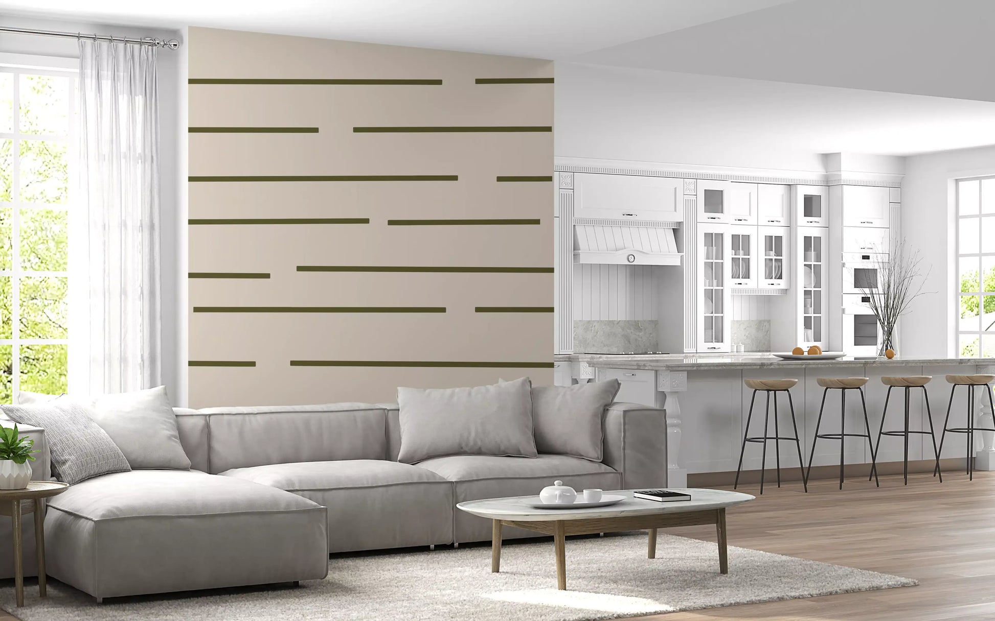Olive green stripe wallpaper styled for a living room wall with a neutral beige palette.