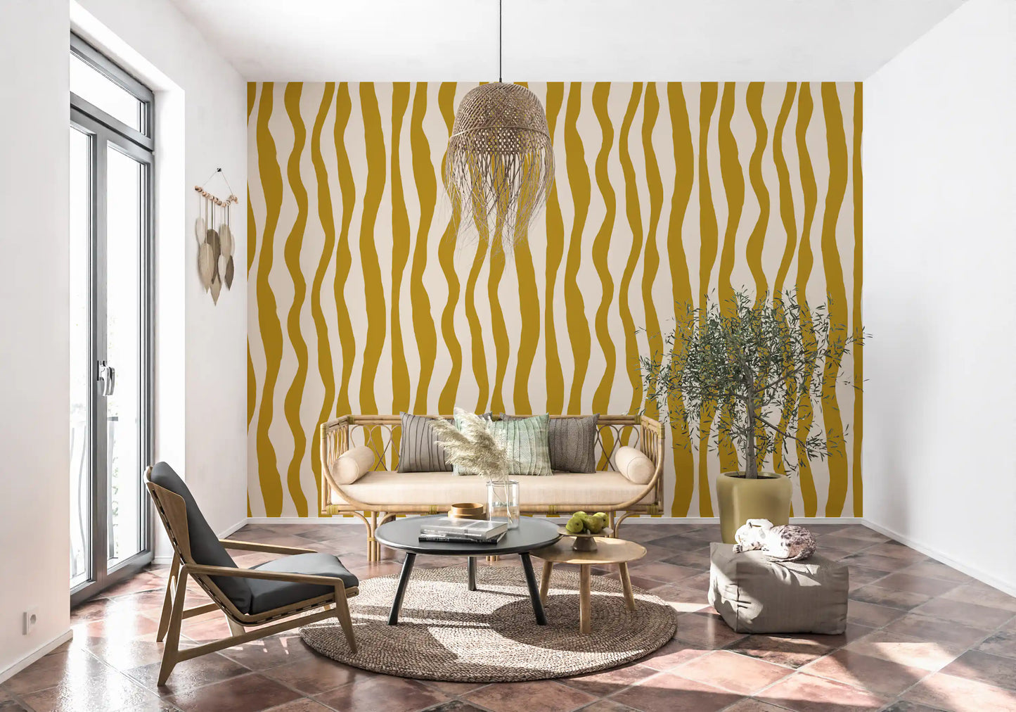 Mustard Wavy Stripe Wallpaper Retro Boho Wallpaper⁠