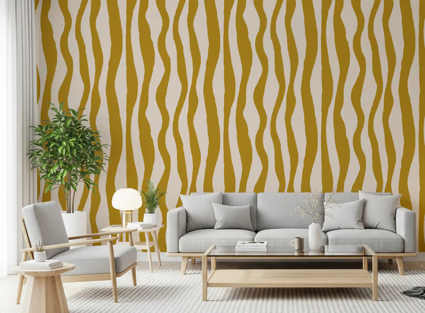 Mustard Wavy Stripe Wallpaper Retro Boho Wallpaper⁠