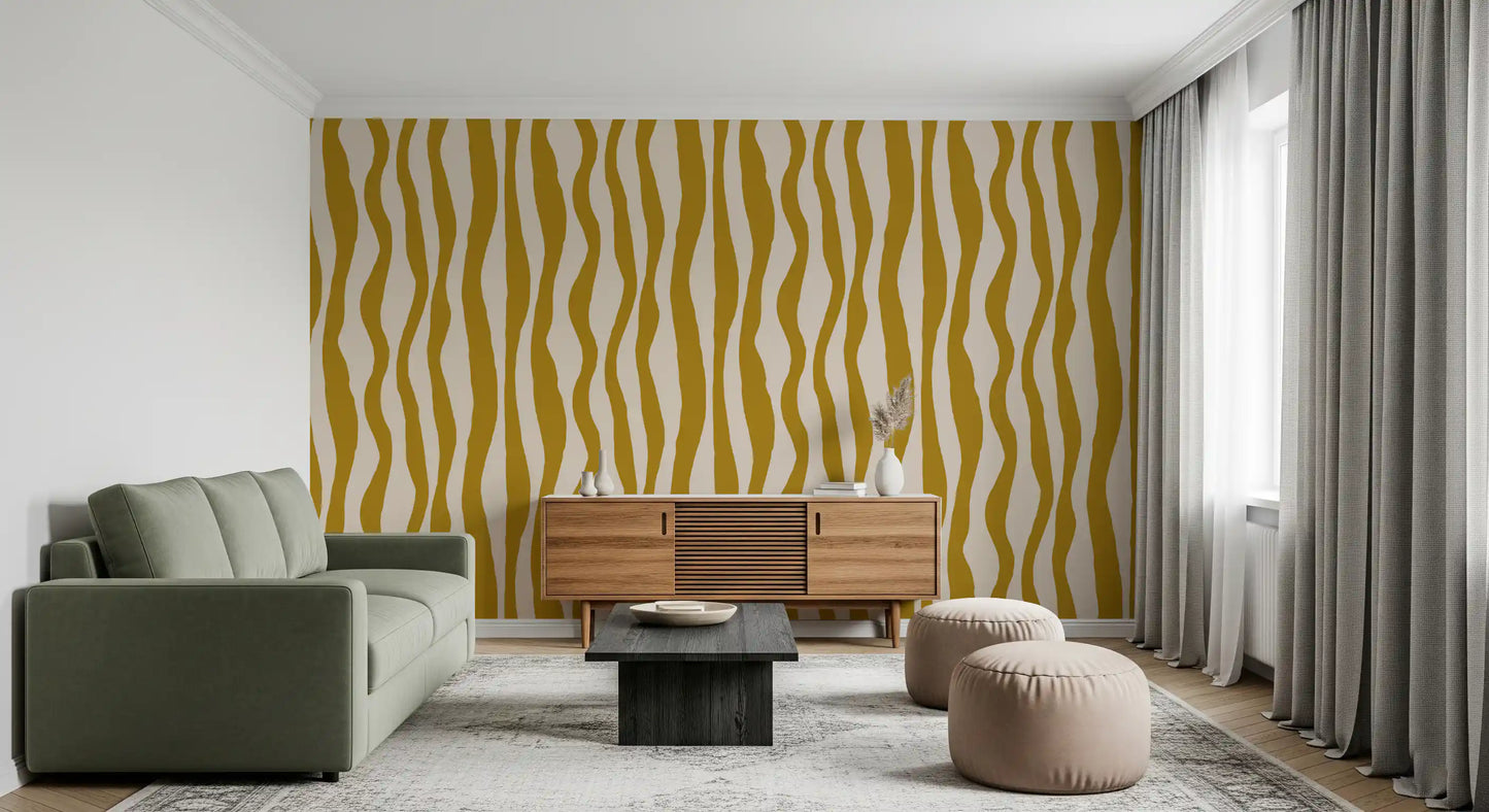 Mustard Wavy Stripe Wallpaper Retro Boho Wallpaper⁠