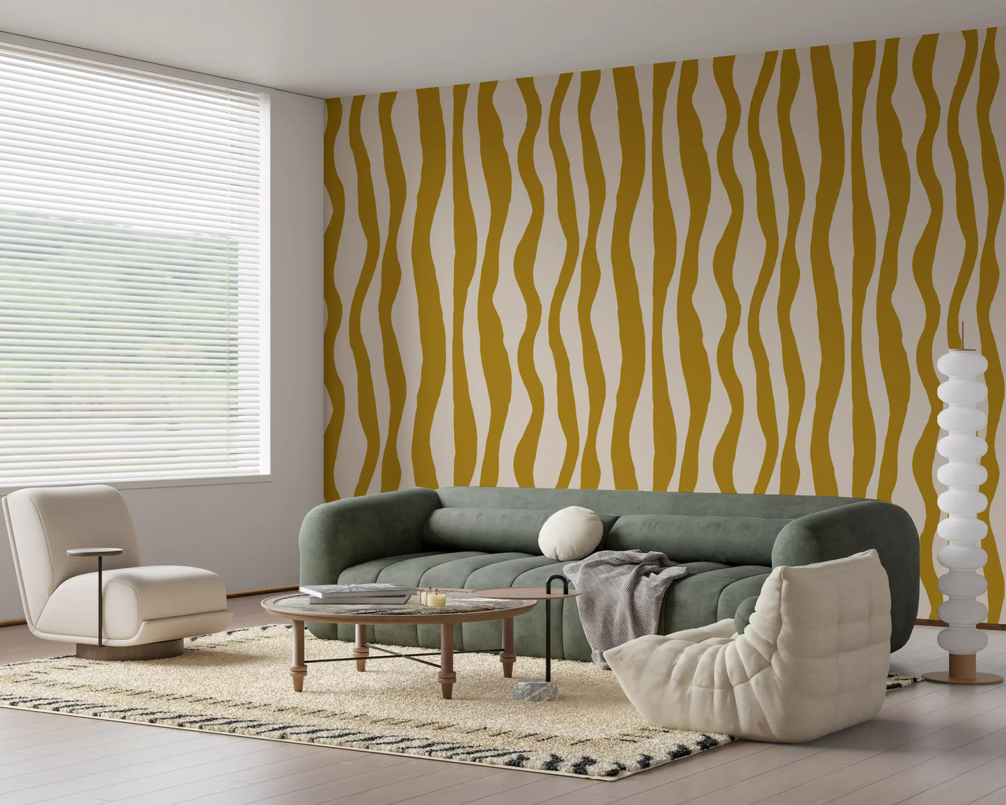 Mustard Wavy Stripe Wallpaper Retro Boho Wallpaper⁠